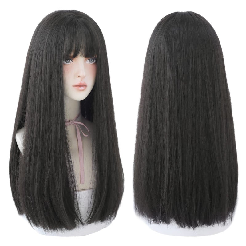 7JHH WIGS Long Straight Wig With Bangs Hair Dye Black Wig for Women Synthetic Natural Black Hair Party And Cosplay Premium Soft Wig(23 inch Black) - Image 3